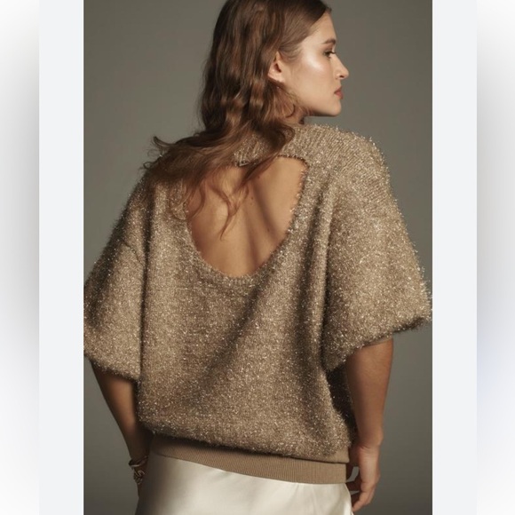 Anthropologie Maeve Violette Short-Sleeve Tinsel Sweater in Honey - Picture 2 of 6
